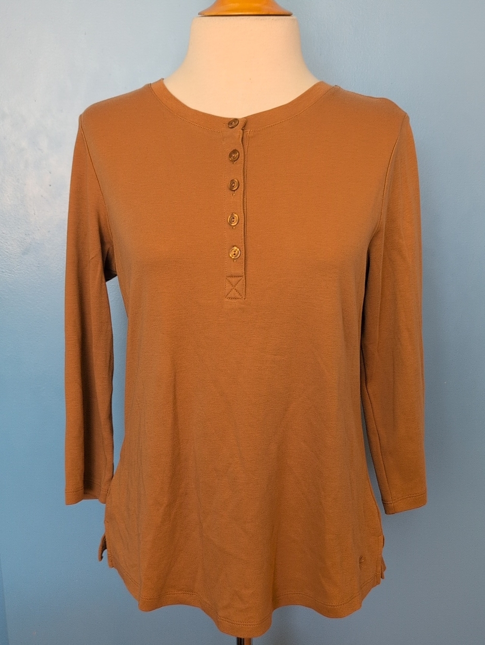 Isaac Mizrahi Live Essentials Pima Cotton 3/4 Sleeve Henley Top Caramel XS
